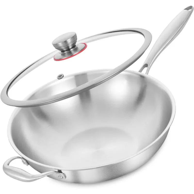 

Induction Cooking Pan Tri-Ply 13 Inch Stainless Steel Wok Pan with Lid, Stir-Frying Pan,