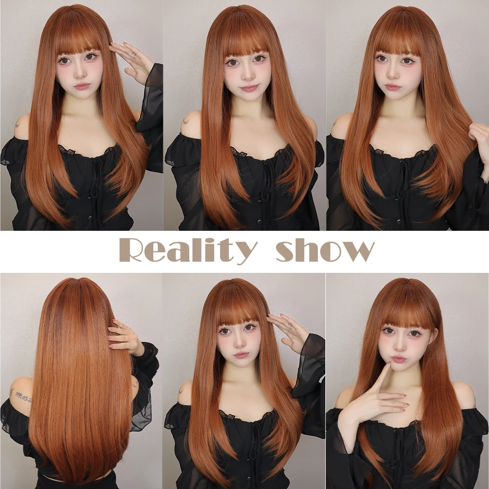 Lolita Brown Hairs Long Auburn Synthetic Hair with Bangs Copper Ginger Straight Wig Root Dark for Women Wig Heat Resistant Wigs