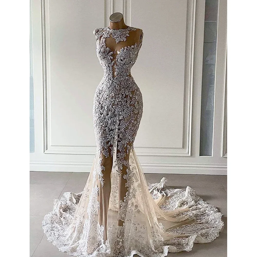 Luxury Evening Dresses See Through Lace Appliqued Mermaid Gowns Fashion O-Neck Sleeveless Sequined Prom Party Dresses 2024