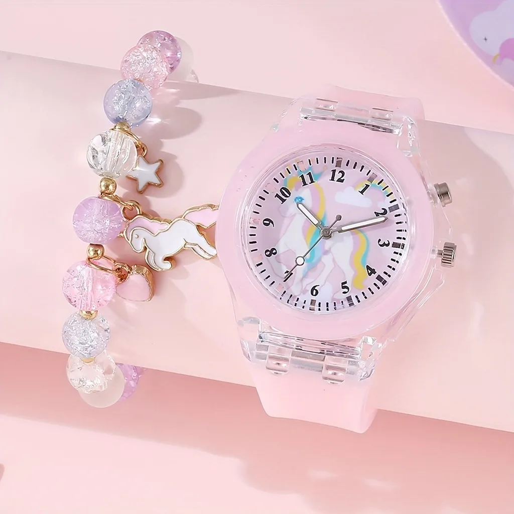 【Watch+Bracelet】Girls Light Luminous Cartoon Unicorn Quartz Wristwatch with Beaded Bracelet Ideal Choice for Gifts