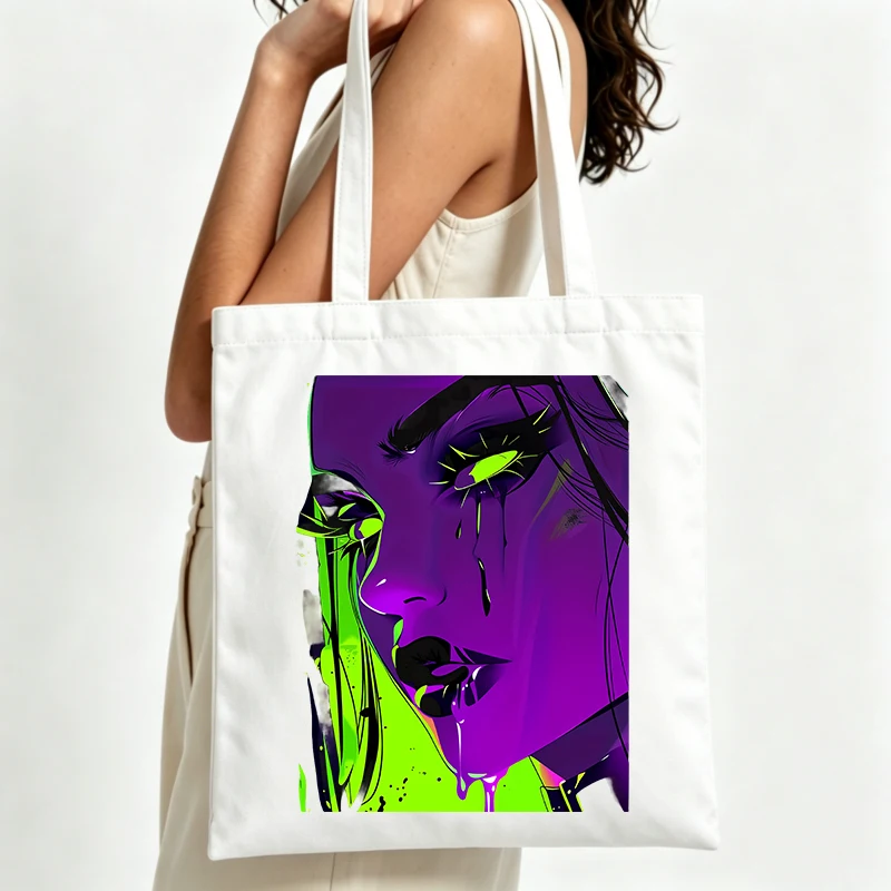 abstract neon face print canvas tote bag, urban street-style for daily shopping and casual outings