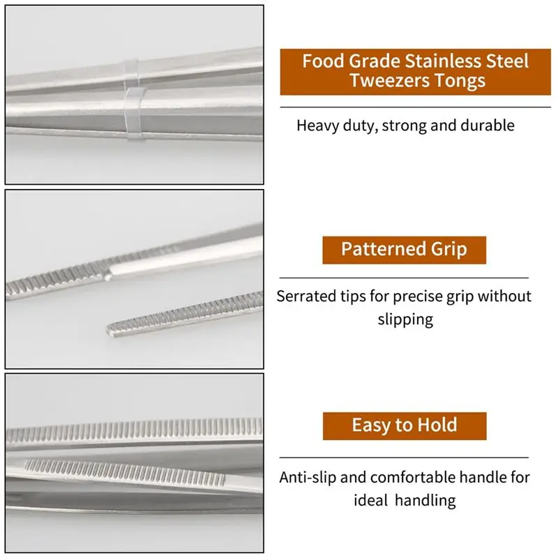DTA6 6Pcs Stainless Steel Kitchen Tweezers Tongs Set Precision Serrated Tips for Cooking Baking Plating