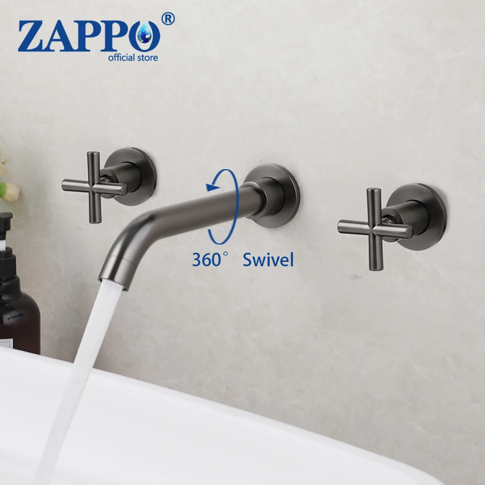 

ZAPPO Luxury Bathroom Sink Faucet Tap Hot Cold Wash Basin Water 360 Swivel Spout Wall Mounted Bath Mixer Grey Brushed Gold