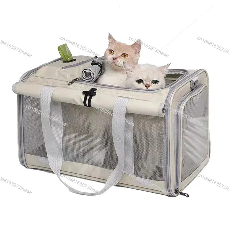Foldable cross-body design with spacious interior offers hand-carry option for small dogs and feline travel needs