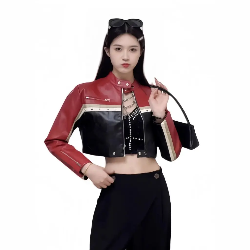 سترة جلدية نسائية بياقة واقفة من جلد البولي يوريثان، نمط قصير، خياطة ملونة متباينة، نمط مخصص، نمط حار