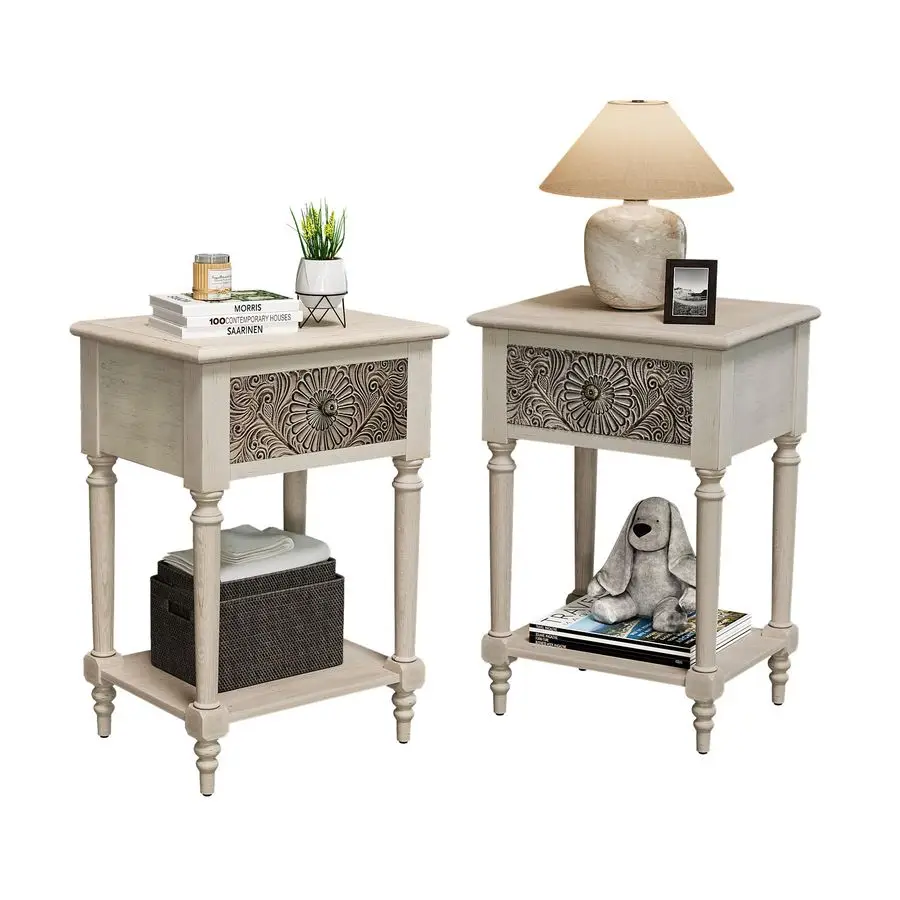 

Vintage Nightstand Set of 2, Wood Small Bedside Table with Drawer and Open Shelf, Shabby Accent End Side Table for Living Room,