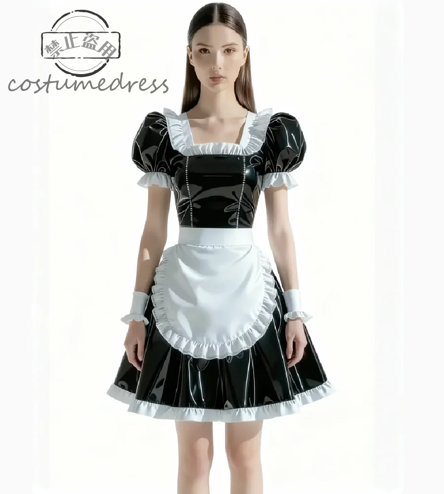 فستان خادمة أسود كلاسيكي لالتقاط الصور مع مريلة مثيرة قصيرة من مادة PVC فستان سهرة قوطي للهالوين زي حفلة موسيقية وحفلات الكوكتيل #1