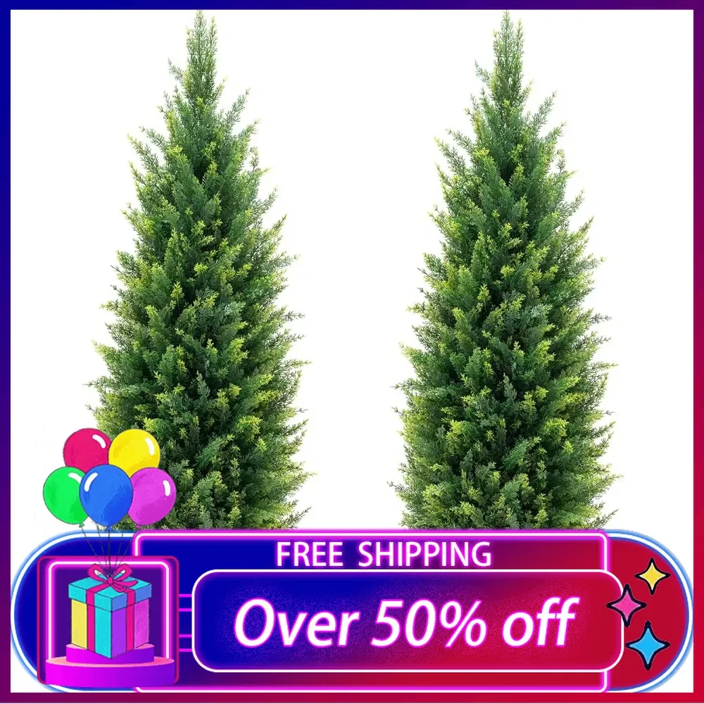 Two 3.5ft (42'') Artificial Cedar Topiary Trees UV Rated Potted Plants Artificial Shrubs Bushes Potted Tree Indoor Outdoor