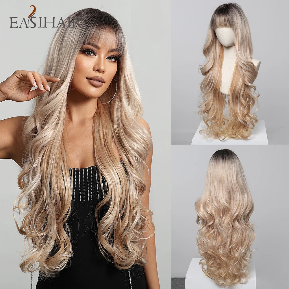 EASIHAIR Blond Ombre Syntetyczne Peruki dla Kobiet 30-calowe Długie Faliste Naturalne Włosy Peruki Żaroodporne Codzienne Cosplay Peruka z Grzywką