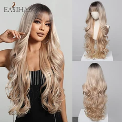 Kadınlar için Blonde Hair sarışın Ombre sentetik peruk 30 inç uzun dalgalı doğal saç peruk isıya dayanıklı günlük Cosplay kahküllü peruk