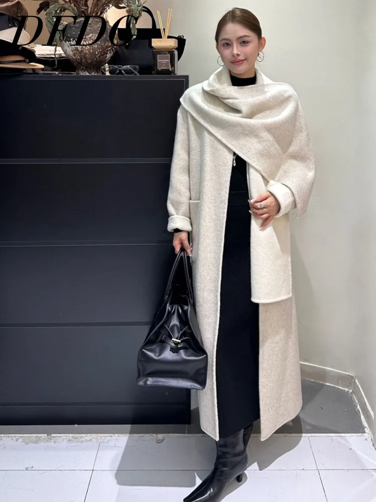 

DFDG 2025 Winter Women's Designer Wrap Wool Coat Elegant V Neck Color Block Long Belted Trench Minimalist Outerwear Coat