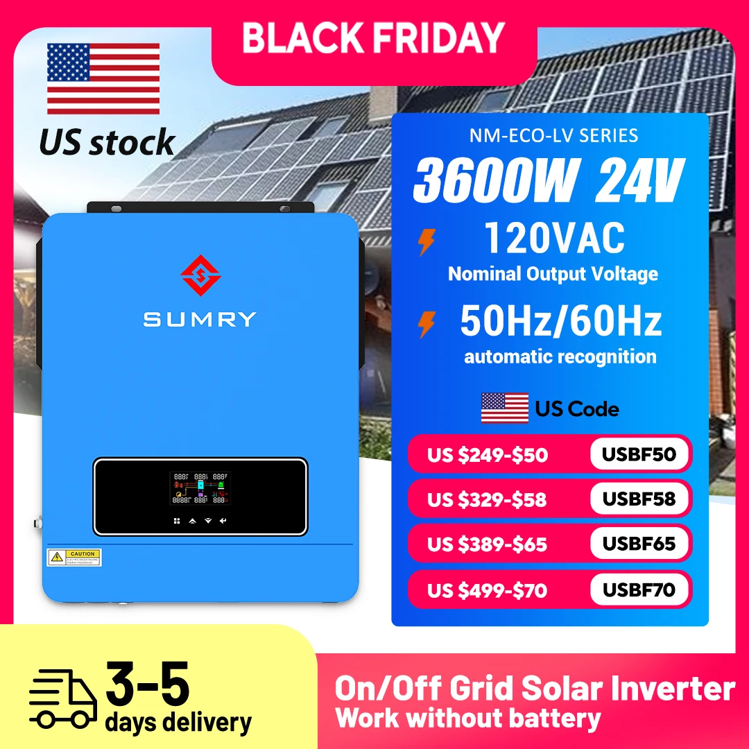 

Sumry on/off Grid Solar Inverter 3600w Hybrid Pure Sine Wave Inverter for Home 120v 120A MPPT Solar Charge Dual Output 50/60hz
