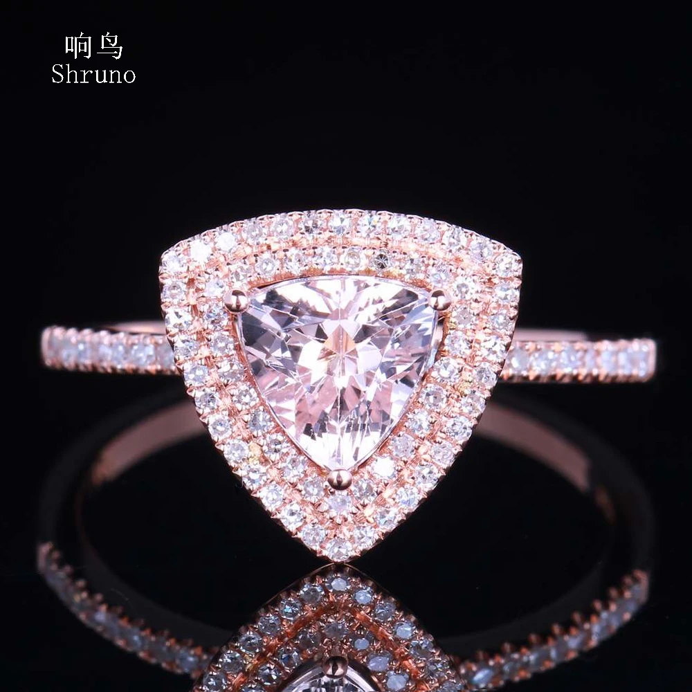 Shruno Solid 14K Rose Gold Trillion Shape 6mm Natural Morganite Diamonds Engagement Ring For Women Wedding Elegant Fine Jewelry