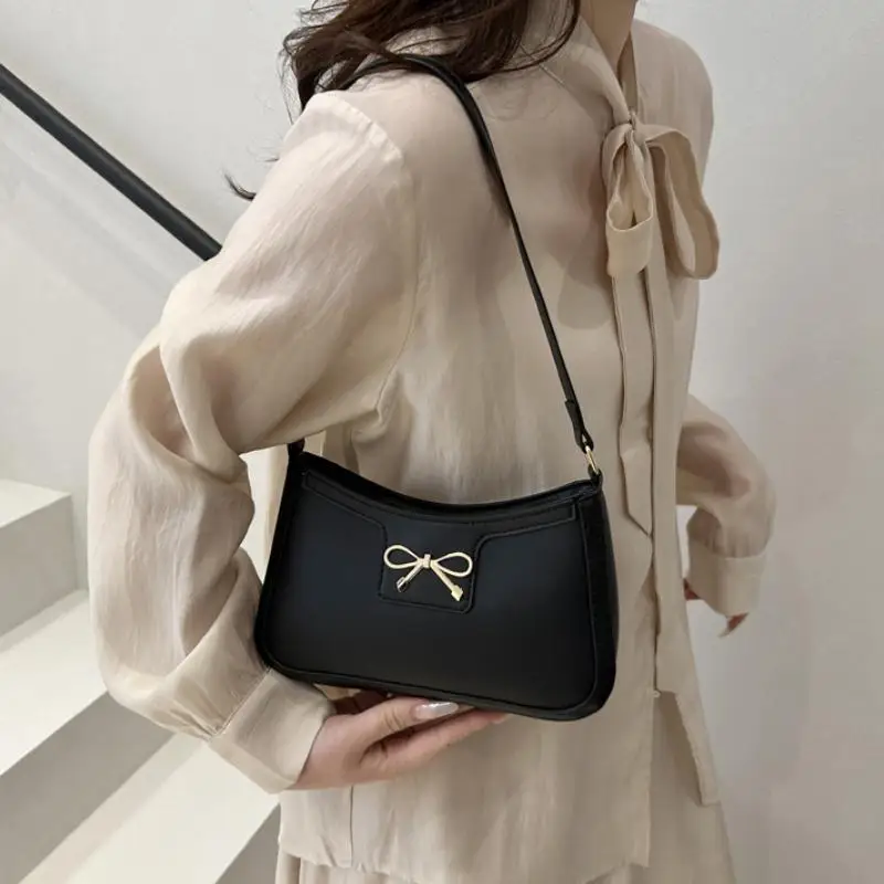 

Classic Y2K Small Purse Luxury Female Handbags Vintage PU Leather Shoulder Bags For Women Daily Ladies Underarm Bag With Bow
