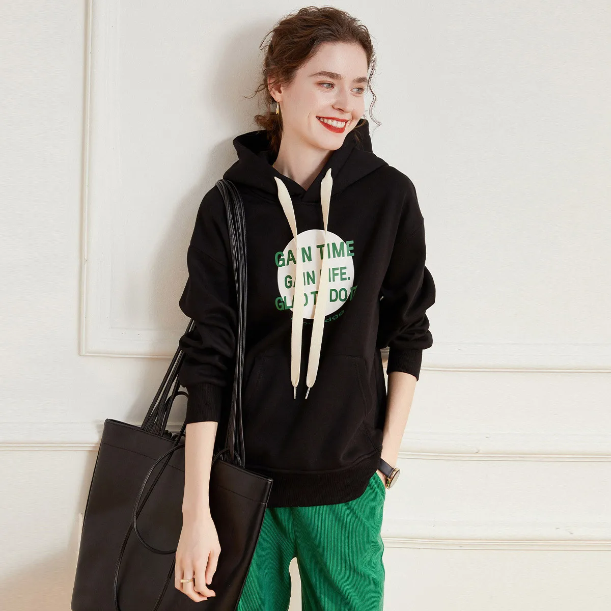 LOUIS YAO Letter  Print Women's Hoodies 2025 Autumn Winter Fleece-lined Thickened Long-sleeved Sweatshirts Casual Women's Tops