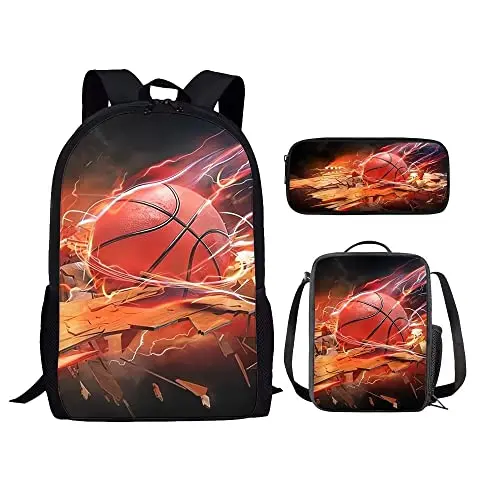 3 Piece School Bag Set Cool Basketball Fire Printed Backpack for Boys Girls Teenager Student Book Bag with Lunch Bag Pencil Bag