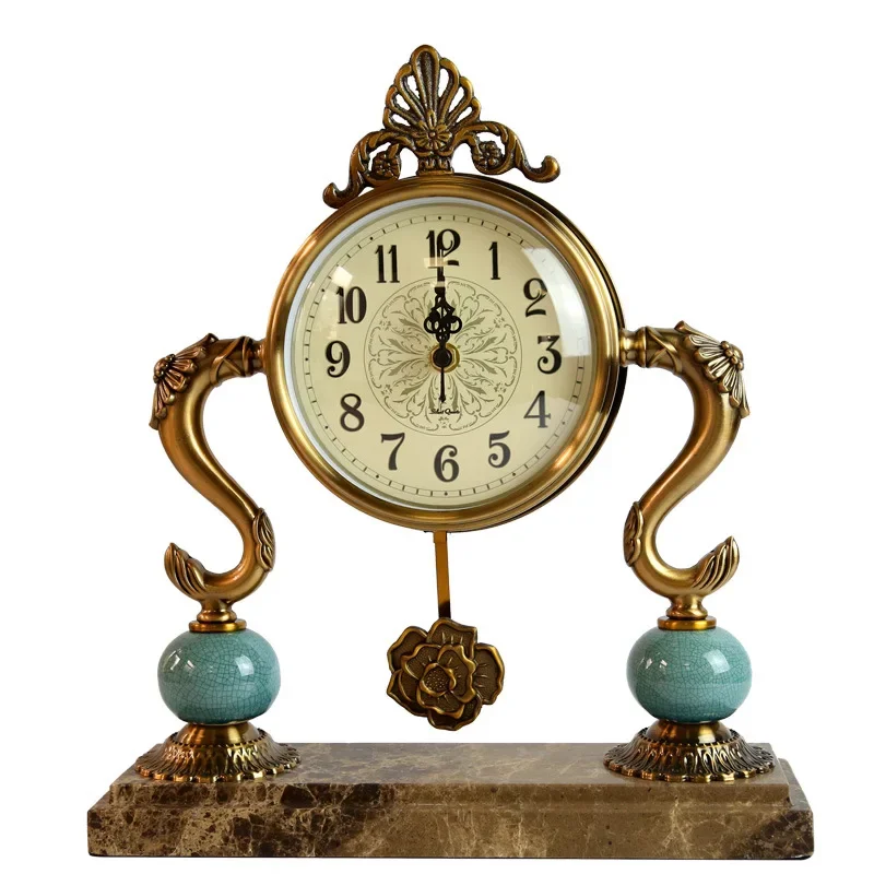 Luxurious Retro Look Marble Desktop Alarm Clock Decoration Metal Large Clock Ornaments