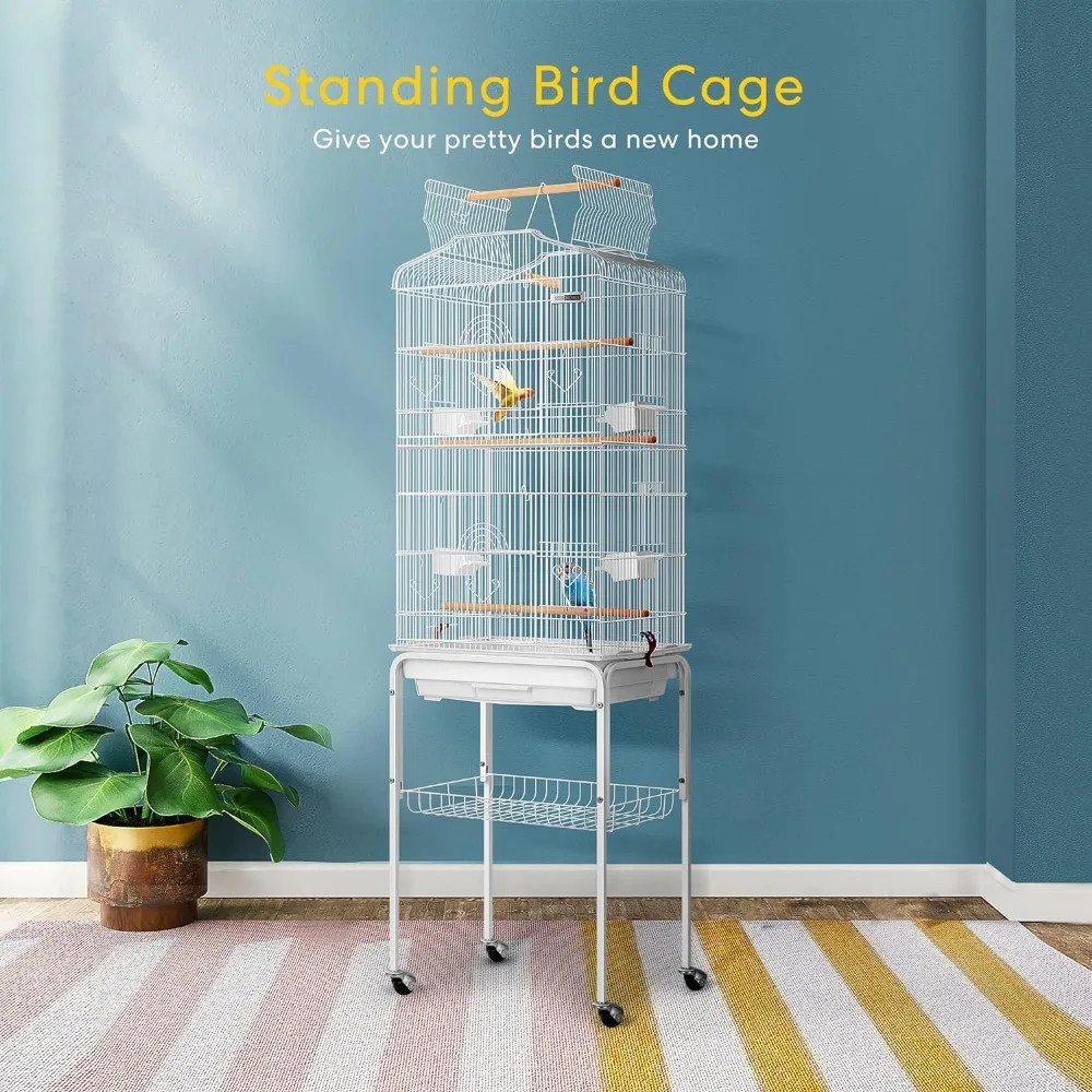 59.8 Inch Wrought Iron Bird Cage with Play Top and Rolling Stand for Parrots Conures Lovebird Cockatiel Parakeets White