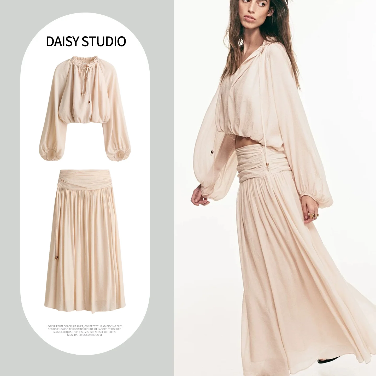 

Loose Fit Bubble Sleeve Long Dress with Ruffle Decoration High Waist Skirt And Collarless Design Summer Fashion Women's Set