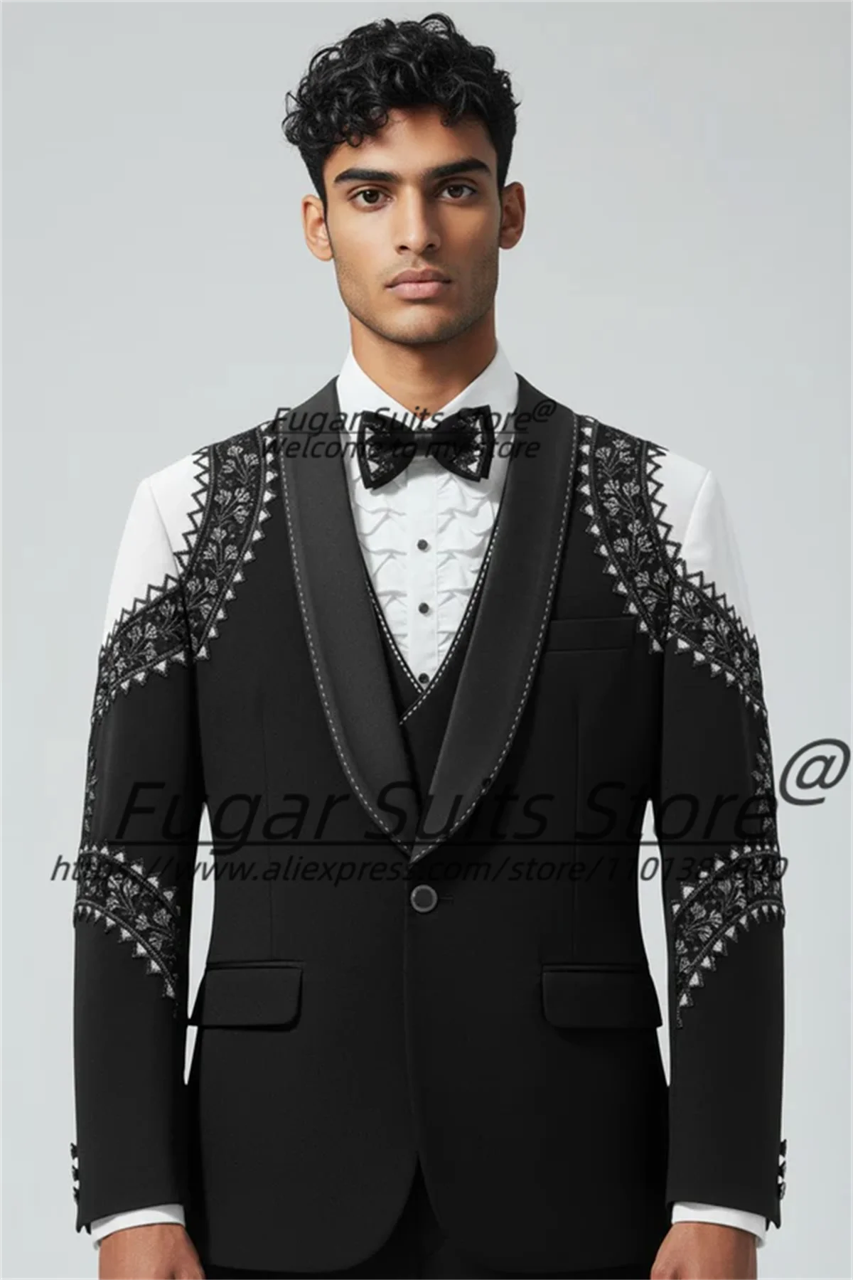 Fashion Black Men Suits Customized Elegant Embroidery Groom Wedding Tuxedos Slim Fit Shawl Lapel Men Suits trajes para hombre