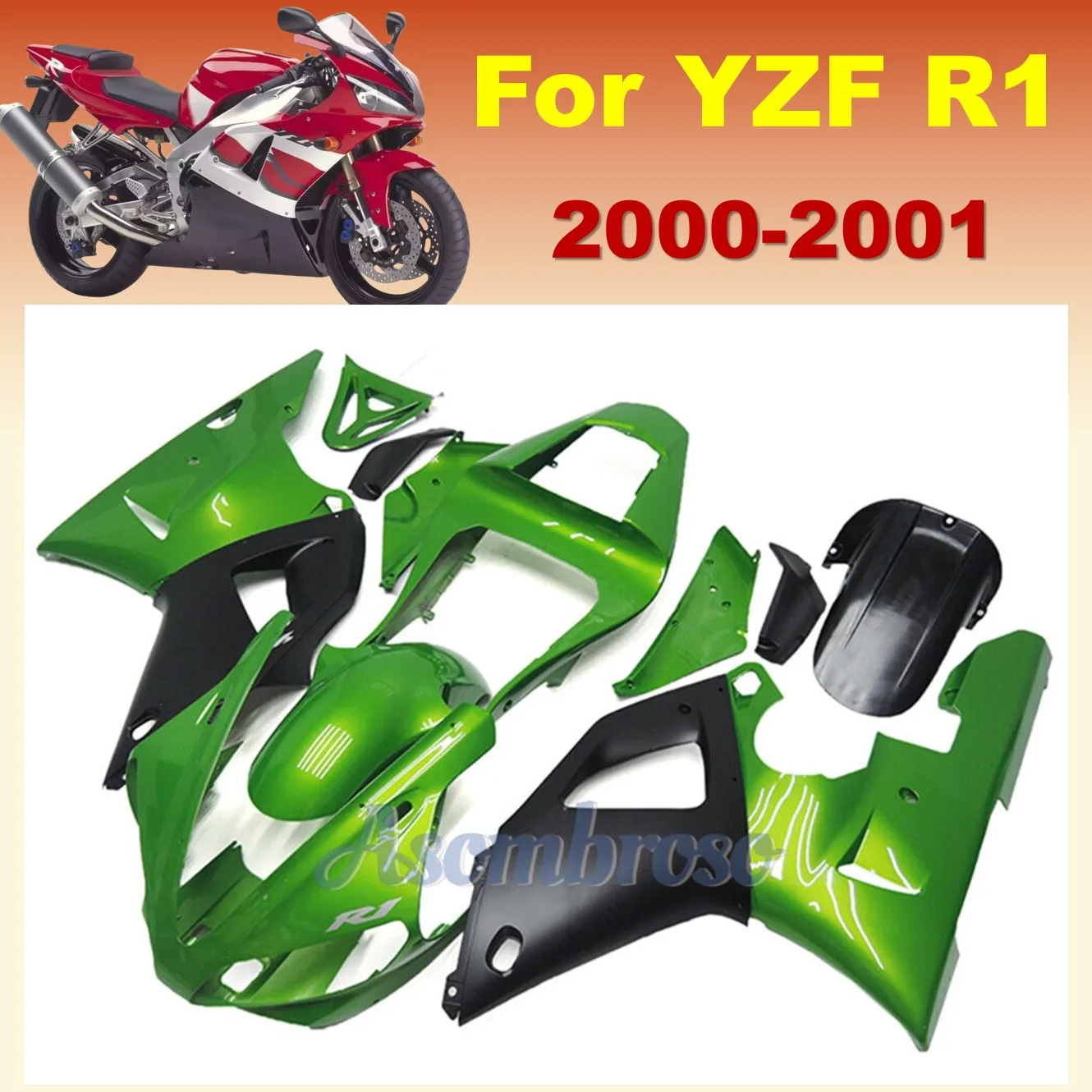 Motorcycle Fairings Kit for YAMAHA  YZFR1 2000 2001 YZF-R1 00 01 YZF1000 Green Black  ABS Plastic Body shell