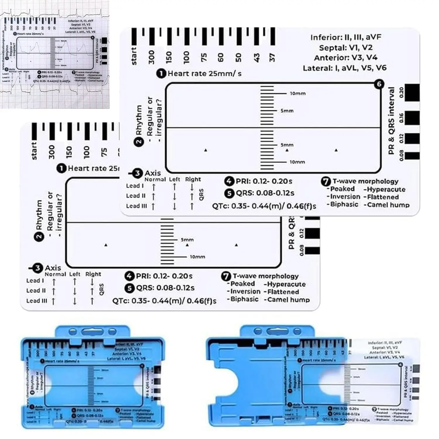 2PCS ECG 7 Step Ruler(With card slot), Plastic Ruler for ECG/EKG Interpretation, Transparent EKG Calipers