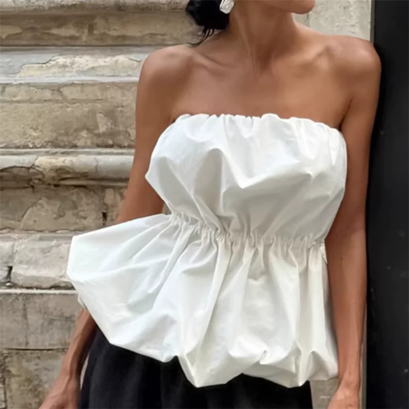 Black White Blue Pink Strapless Bud Tube Vest New Summer Stunning Women Slash Neck Camis Short Wrap Bubble Bustier Top Shirt