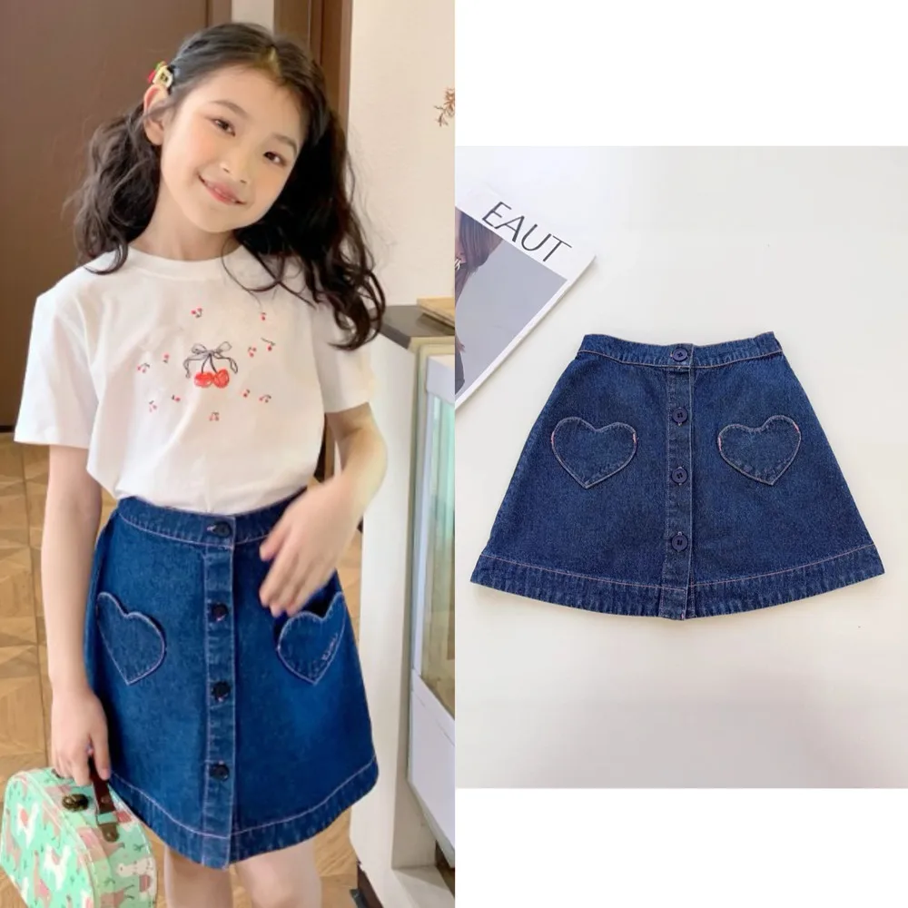 Kids Clothes Girls Skirt Girls' Summer Short Skirt Cowboy Heart-Shaped Pocket Skirt Teen Girl Clothes