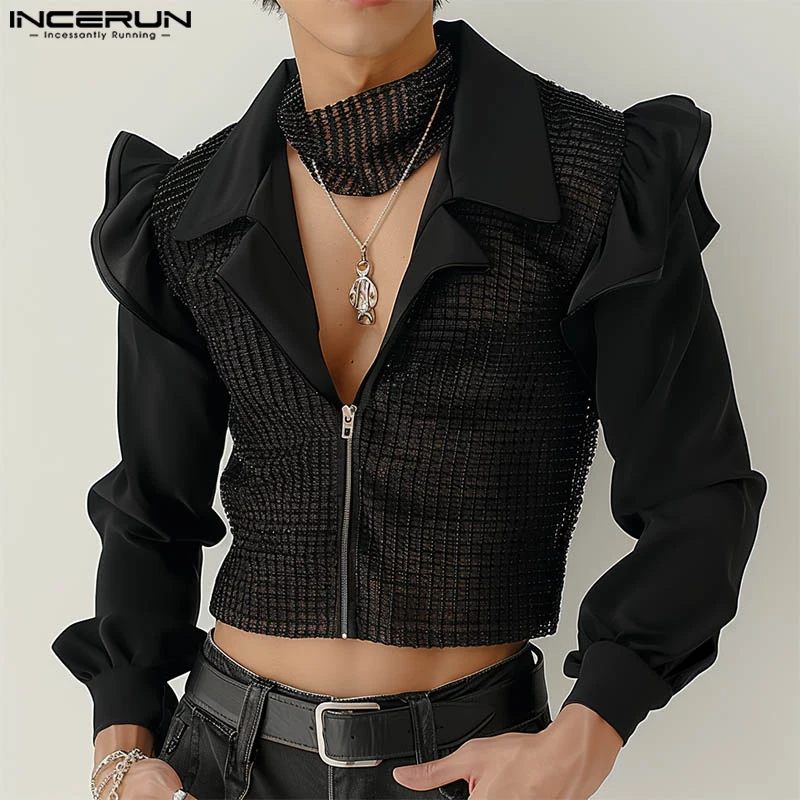 INCERUN Tops 2024 Korean Style Fashion Men's Zipper Texture Ruffled Edge Shirts Casual Cropped Design Long Sleeved Blouse S-5XL