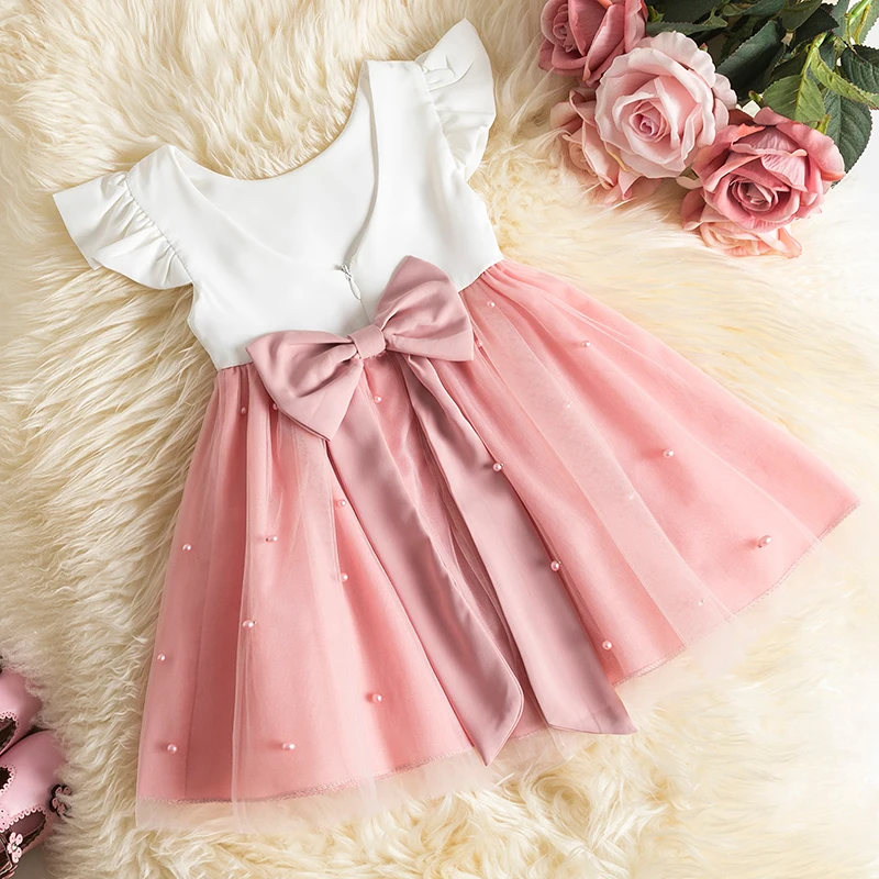 1-5Yrs Kids Girls Sweet Dress Baby Summer Clothing Fly Sleeve Bow-knot Pearls Layered Tutu Dress Children Party Princess Dresses