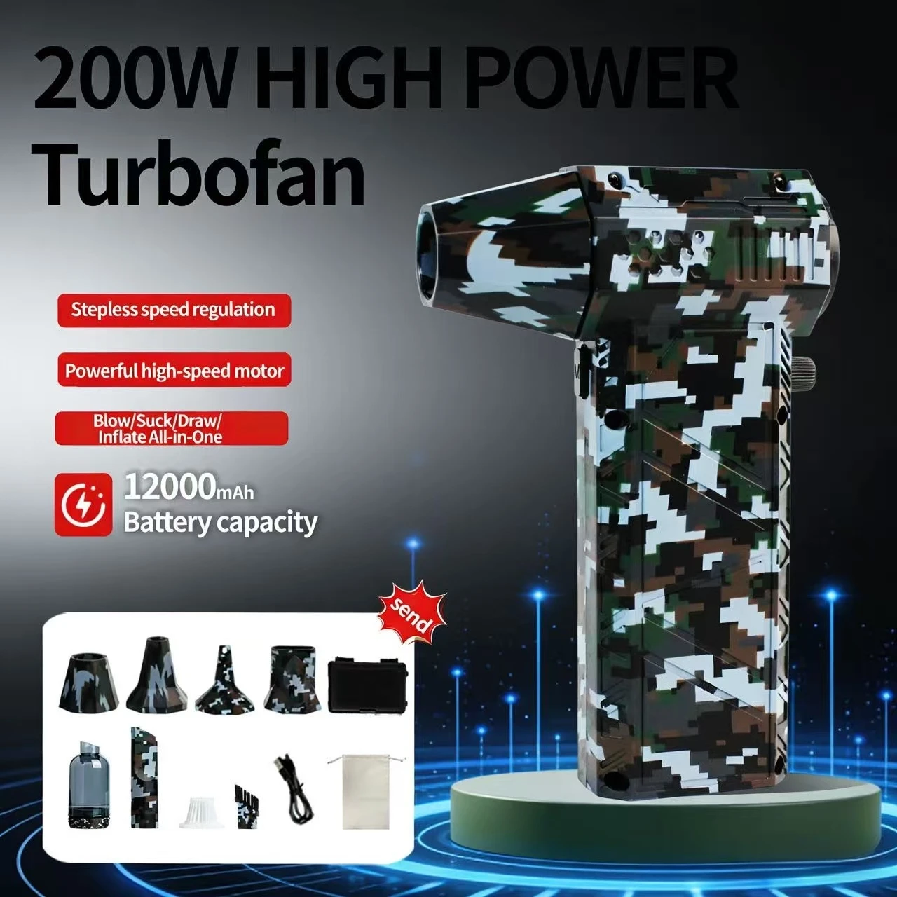 

Мощный вентилятор X16, турбоструйная мощность 300000 об/мин, аккумулятор 12000 мАч, высокая мощность 200 Вт, для сушки воздуха/швабры/автомобиля/ПК