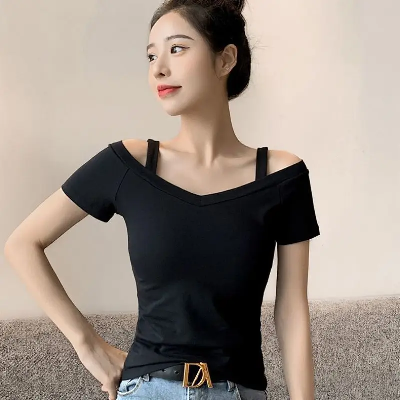 Women Summer Simplicity Slim Office Lady Solid Color Off Shoulder Short Sleeve T-Shirt Women Clothes Casual All-match Trend Tops