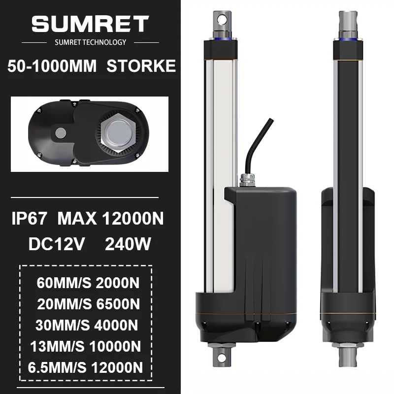 

MAX 12000N Electric Linear Actuator 12V 100mm 200mm 300mm 500mm 1000mm 1200mm Stroke Motor Metal Gear IP67 Stainless Steel Rod