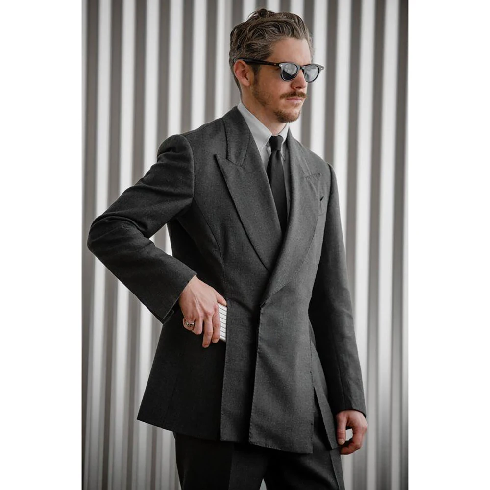 Fashion Grey Front Fork Men Suit Two Pieces(Jacket+Pants) Lapel Outfits Chic Casual Party Prom Wedding Set