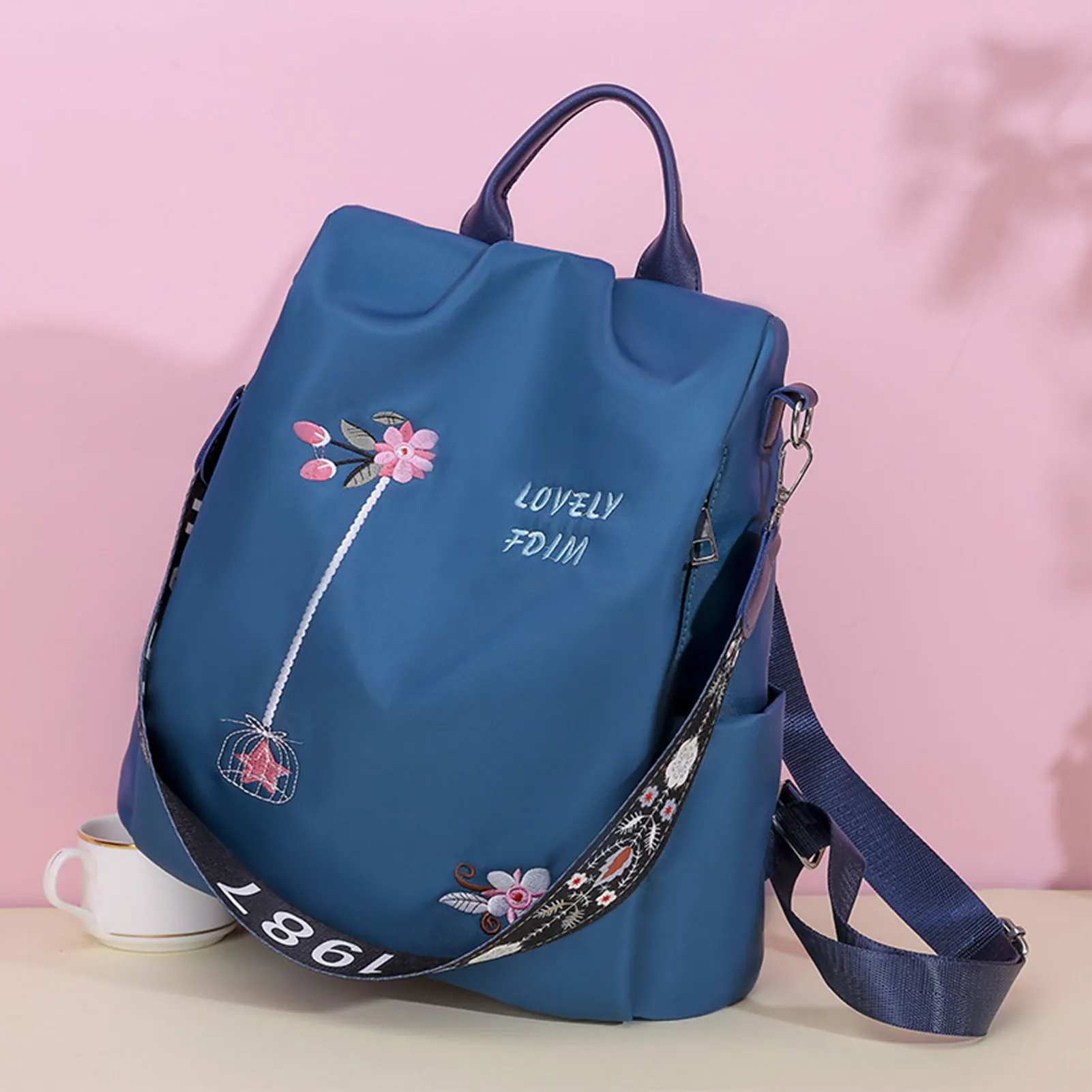 Casual Oxford Cloth Backpack Flower Embroidered Shoulder School Book Bags Women Daily Travel Anti-theft Bagpack Vintage Rucksack