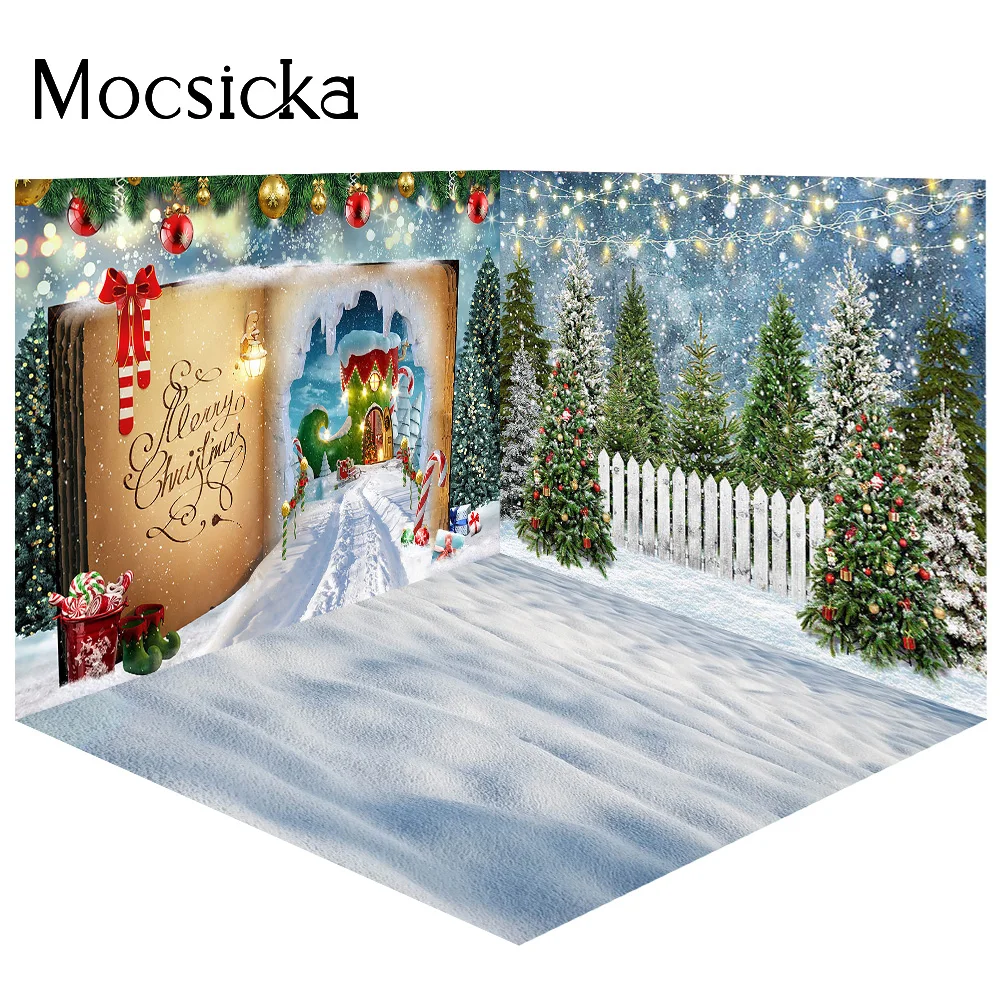 Snowy Christmas Pine Forest Backdrop Magic Book Fairy Tale Wonderland Photocall Kids Birthday Winter 3d Room Background Studio