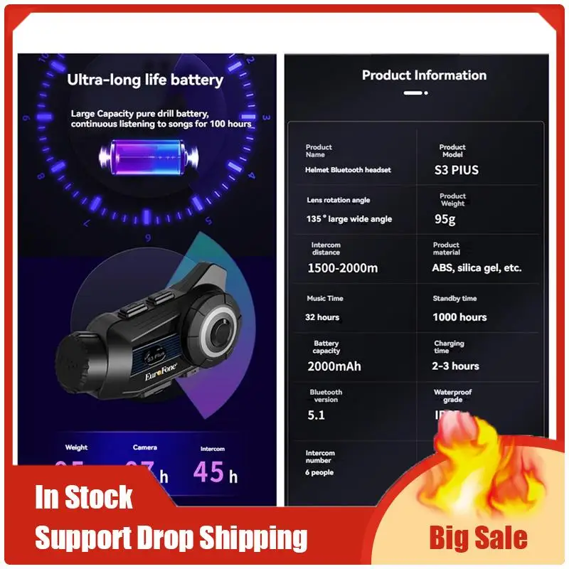 Mejores OFERTAS S3 Plus casco de motocicleta Bluetooth intercomunicador auriculares 2K grabadora de vídeo DVR cámara de salpicadero compatible con 6 personas