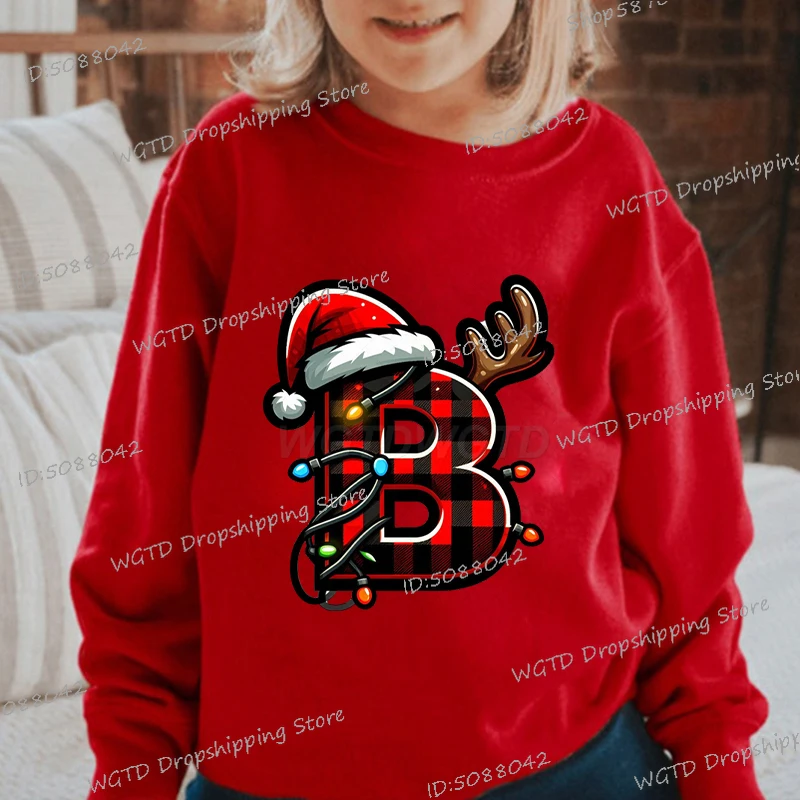 

Grid Letters Merry Christmas Sweatshirts Red Long Sleeve Print Streetwear Boys Girls Loose Xmas Party Gifts Tops Sporty Pullover