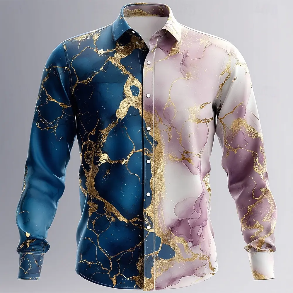 2025 Men's Geometric-Patterned Casual Button-Down Shirt - Polyester Blend, Lapel Collar, Non-Stretch Fabric Long Sleeve Shirt