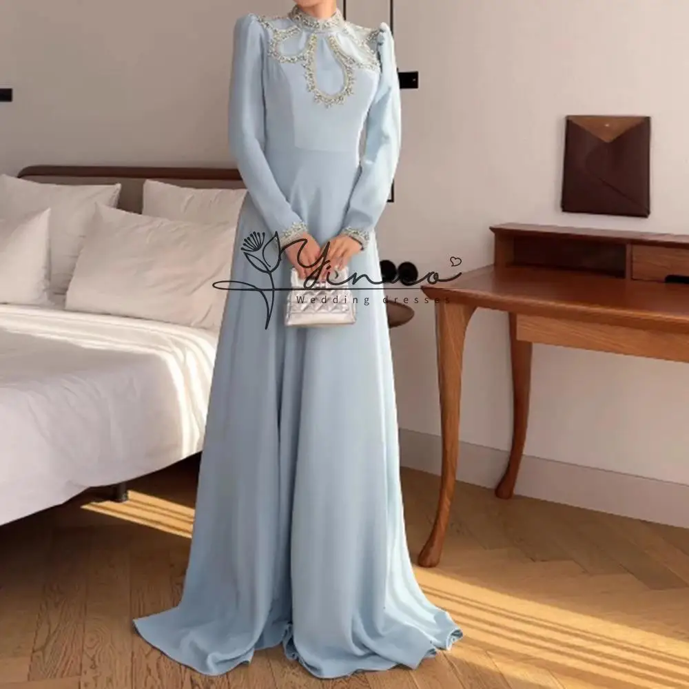 Maßgeschneiderte A-Linie-Abendkleider, bodenlang, Stehkragen, volle Ärmel, Abendkleid, modisches Kristall-einfaches drapiertes Partykleid