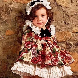 Baby Girl Autumn Red Rose Floral Vintage Turkish Spanish Lolita Ball Gown Princess Dress for Birthday Eid Holiday