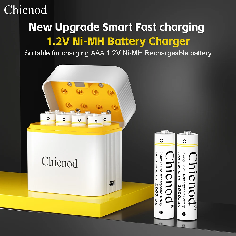 CHICNOD 8 Slot AAA Ni-MH Battery Charger Set USB Type-C Fast Charger with 8PCS 1000mAh AAA Rechargeable Batteries for Wall Clock