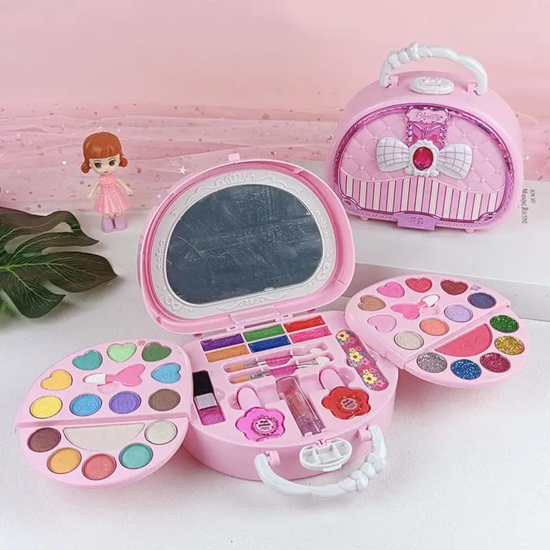 Kids Makeup Box Kit Princess Washable Makeup Kits Pink Pretend Beauty Set Real Portable Safe Makeup Toys For Toddler & Kids