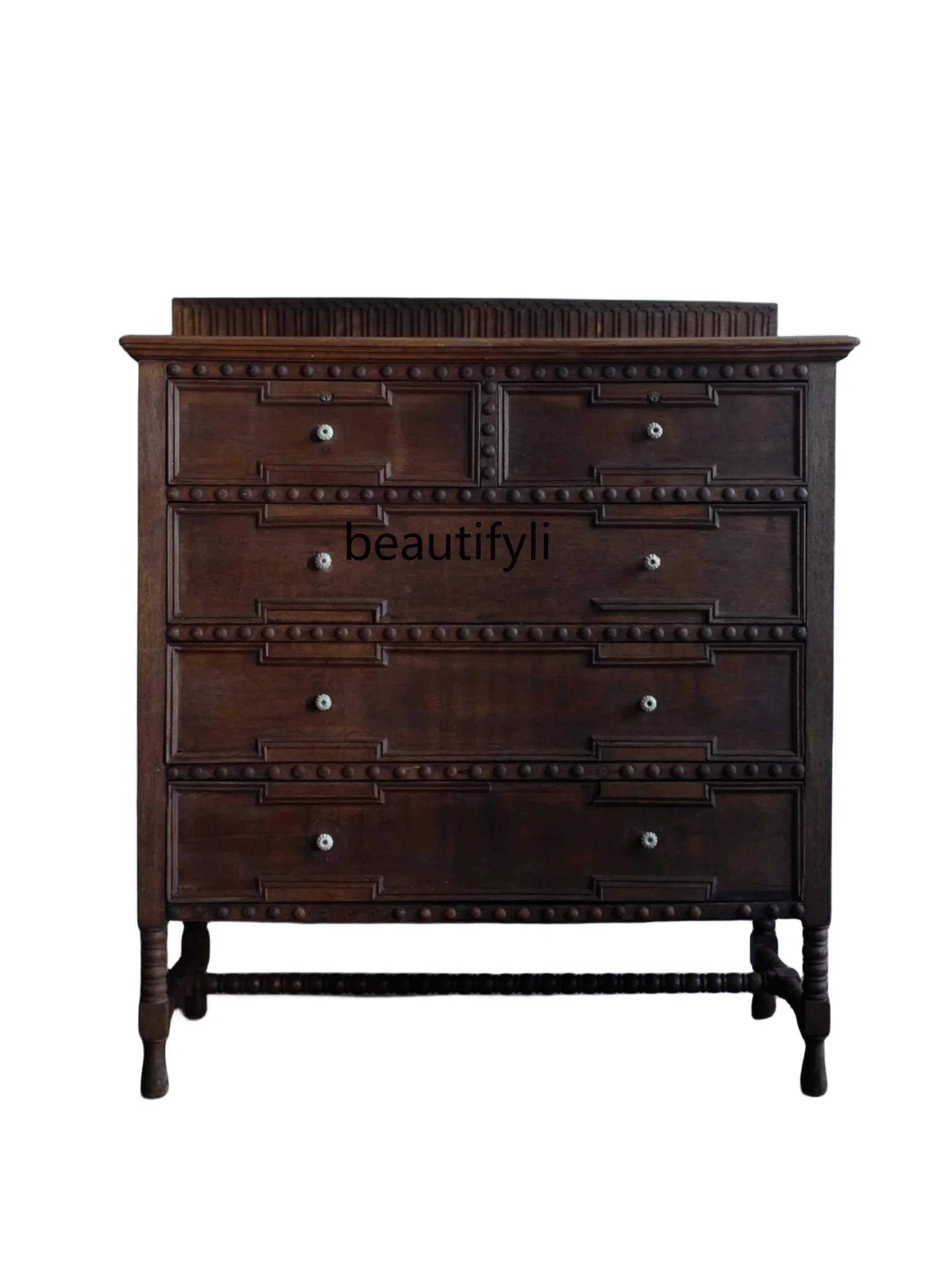 X188 Retro Solid Wood Carved Chest of Drawers Locker New Classical Hall Entrance Cabinet French Four-Drawer Cabinet Complete Set