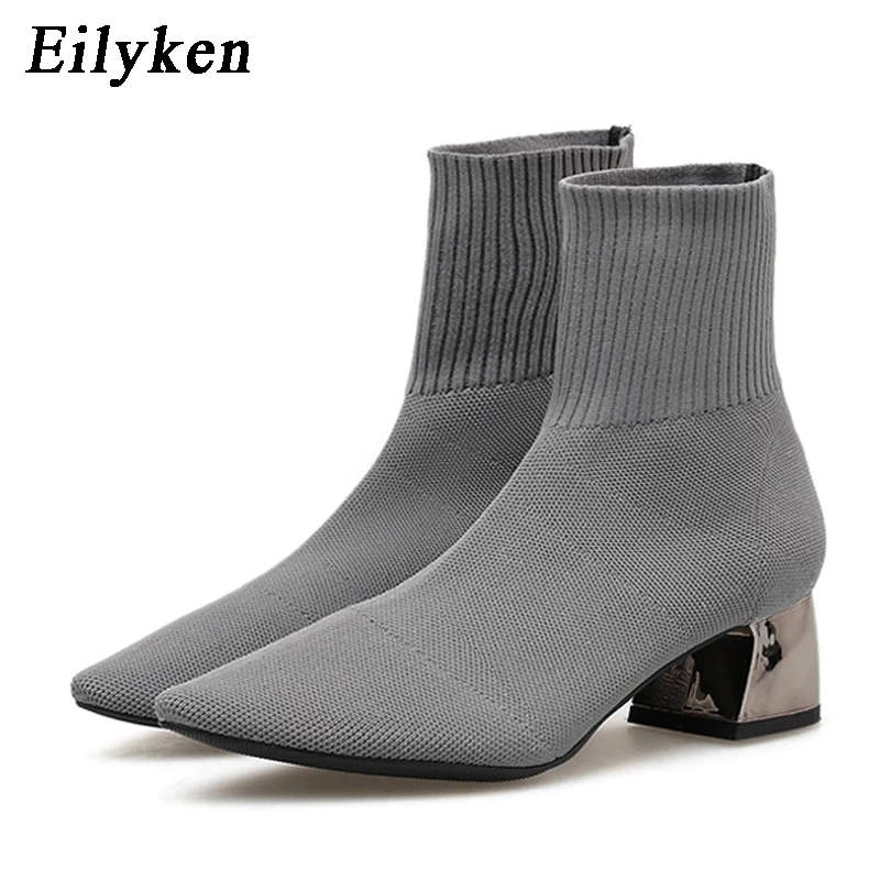 EilyKen 2024 Autumn Winter Knitted Stretch Fabric Socks Women Low Heel Short Boots Gray Pointed Toe Female Ankle Booties