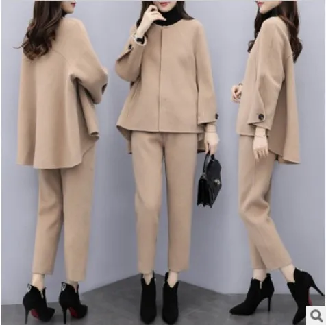 New Women\'s autumn and winter large pants long-sleeved jacket jacket Ankle-Length pants casual fashion suit wool two-piece set