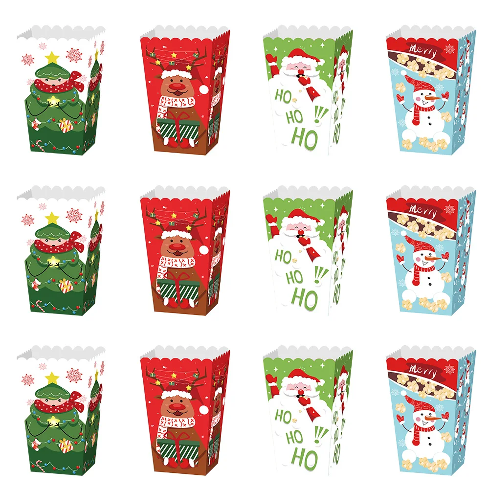 12pcs Popcorn Box Christmas Style Movie Night Fries Cup Popcorn Package Boxes Exquisite Paper Candy Snack Containers Xmas decor