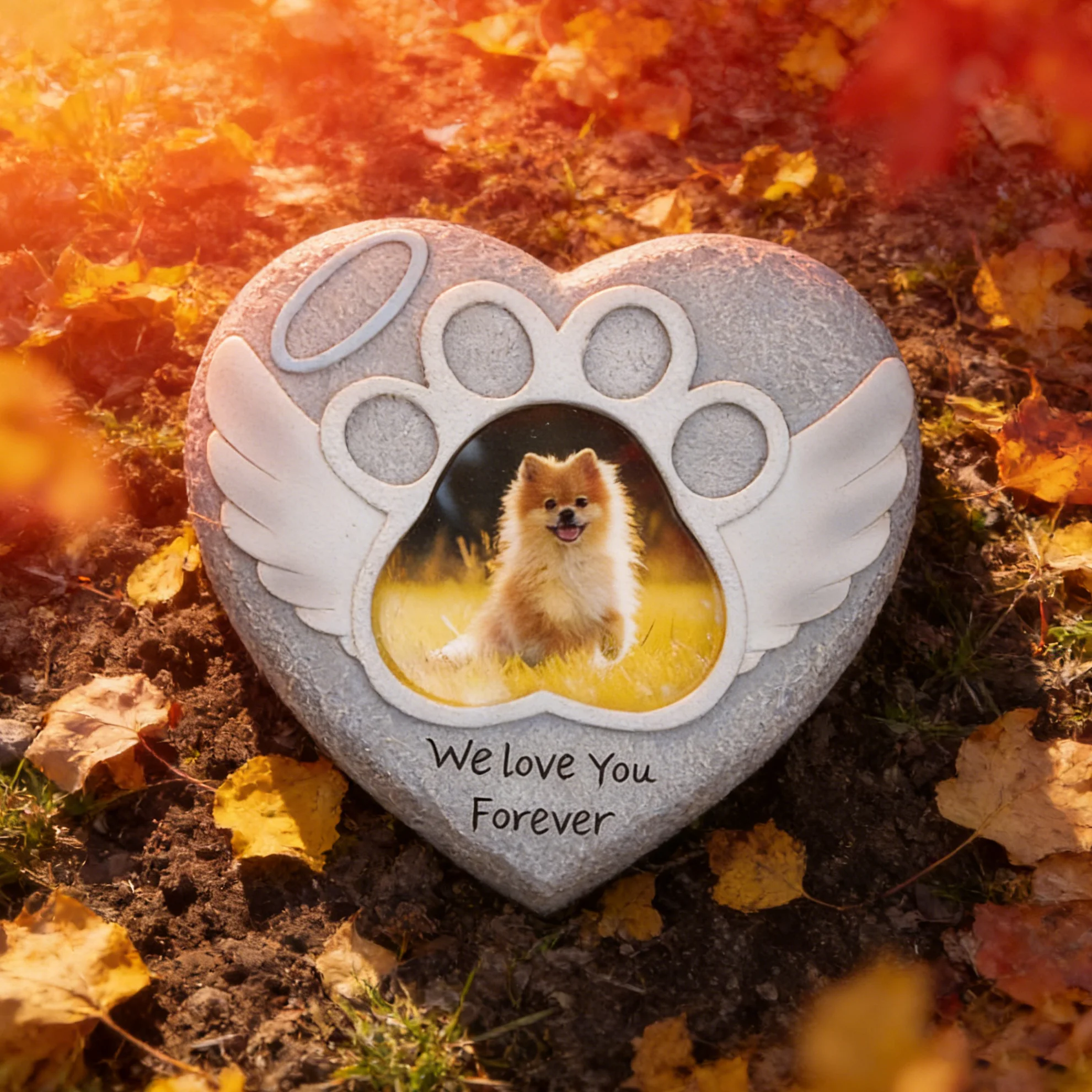 Pet Memorial Heart-Shaped Frame with Angel Wings and Halo - 'We Will Always Love You' Paw Print Tombstone Sign, Resin Pet Funera