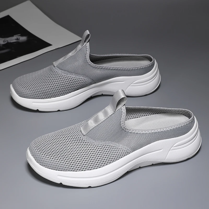 Men Casual Shoes Mesh Slip-On Solid Color Loafers Flat Slippers Summer Couple Shoes Half Slippers Plus Size Sandalias Zapatos