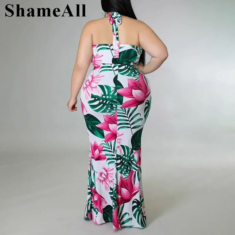 Plus Size Floral Print Dress 2 Dwuczęściowe Dopasowane Sukienki Zestawy 4XL Letnie Halter Bow Tie Crop Top Długa Spódnica Maxi Bodycon Stroje